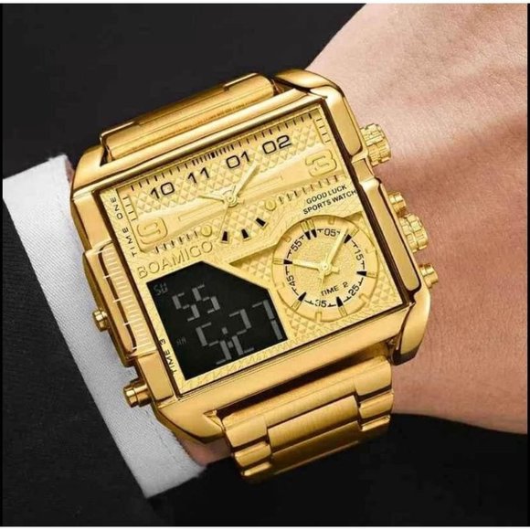 BOAMIGO Big Square Dial Chronograph Stainless Steel Watch for Men